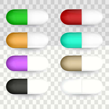 Vector realistic 3d different color medical pill icon set isolated on transparency grid background. Design template for graphics, banners. Top viewのイラスト素材