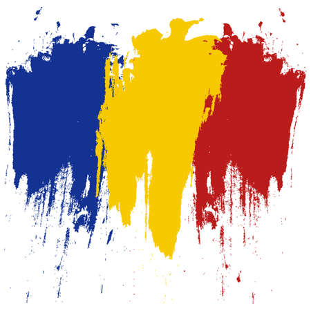 Romania Flag. Ink painted abstract Romania Flag. Hand drawn style illustration with a grunge effect and splashes on white background. Brush painted Romania Flag. Vector illustration.のイラスト素材