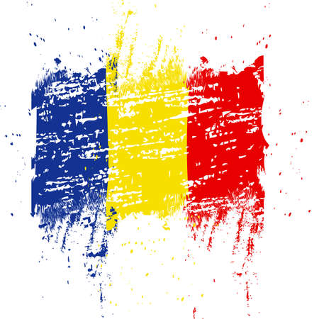 Romania Flag. Ink painted abstract Romania Flag. Hand drawn style illustration with a grunge effect and splashes on white background. Brush painted Romania Flag. Vector illustration.のイラスト素材