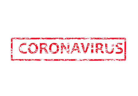 Coronavirus word in red square with grungy texture. Distressed rubber stamp vector illustration on white background. COVID or 2019-nCoV pandemic spread. Novel flu red sign.のイラスト素材