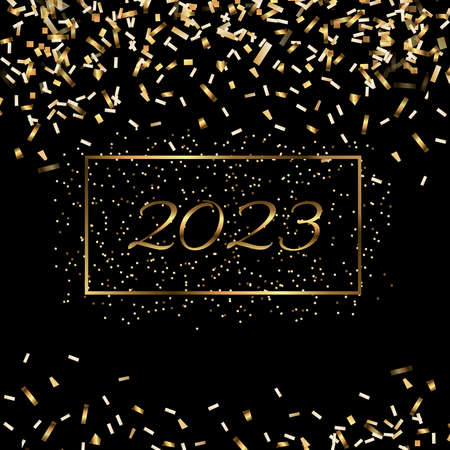 Happy New Year 2023 greeting card poster. Black background.Confetti