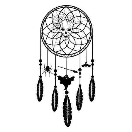 Dreamcatcher with feathers and a ghost, a skull in the center. Halloween. ritual thing. american boho spiritのイラスト素材