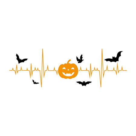 Halloween Cardiogram. Pumpkin and bat. For your design. white backgroundのイラスト素材