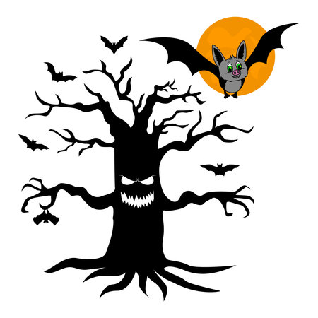 Full moon and bats. Halloween. Big tree with eyes, mouth. black silhouetteの写真素材