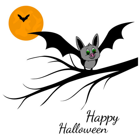 Bat cute cartoon on branch halloween theme. For your design. On a white backgroundのイラスト素材