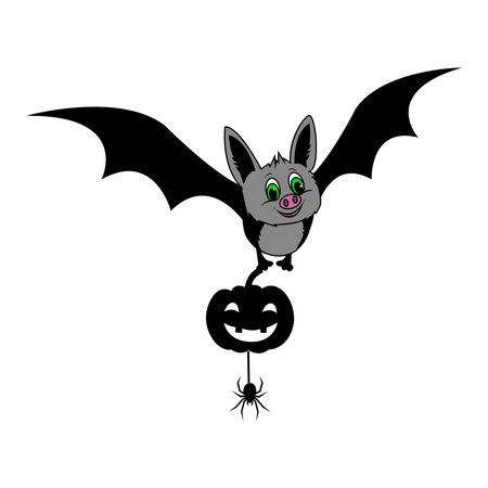 A cute bat flying with a cheerful pumpkin and a spider on a web. Halloween sceneのイラスト素材