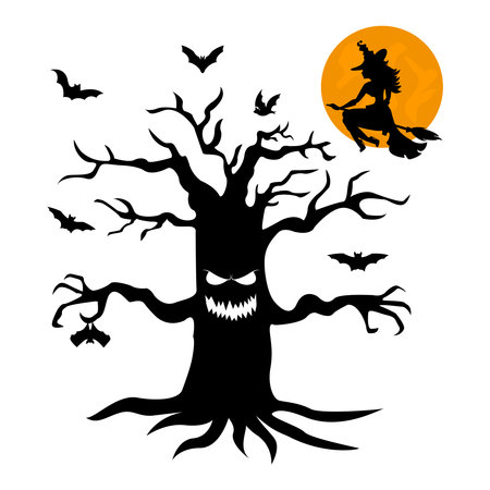 Big tree with eyes, mouth. Full moon and bats. Witch on a broom. Halloween. Black silhouetteのイラスト素材