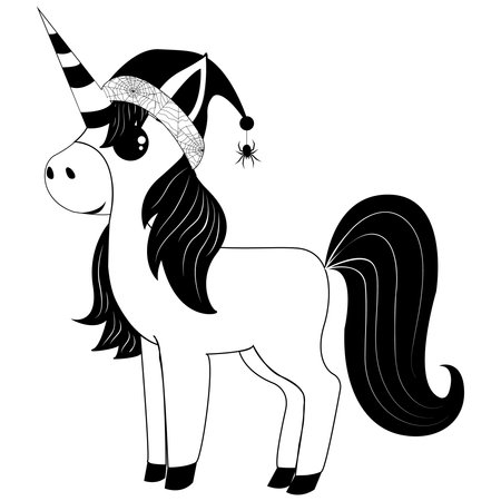 Unicorn in a hat with a spider Halloween theme. For your designのイラスト素材