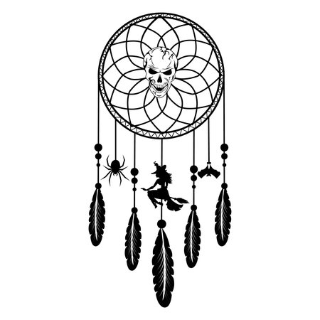 Dreamcatcher with threads, beads and feathers. Halloween. Witch. Native American symbol in boho styleの写真素材