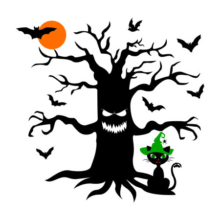 Big tree with eyes, mouth. Full moon and bats. Cat. Halloween. Black silhouetteの写真素材