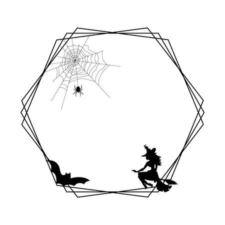 Hexagonal frame. In the frame, a spider on a web, a bat and a witch on a broomstick is a Halloween themeの写真素材