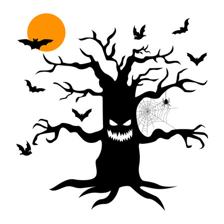 Tree with hands, eyes and cobwebs on a branch. Against the background of the moon. Halloween, batsのイラスト素材