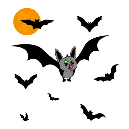 Full moon and bats, Halloween background. Cute cartoon batの写真素材