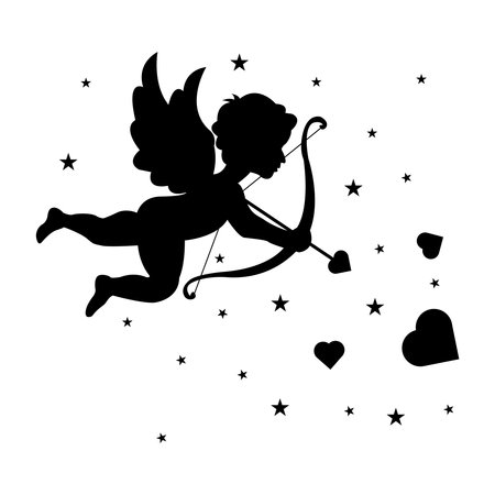 Silhouette. Cupid with a bow and arrow in his hands, aiming at the heart. Valentine's Day. Romance. Loveのイラスト素材