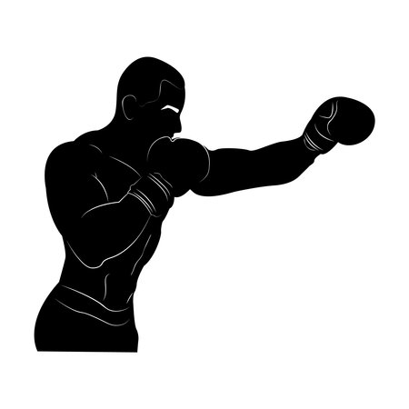 Silhouette. Boxing. Demonstration of combat skills. Direct hit. Strong fighter. Athlete in trainingのイラスト素材