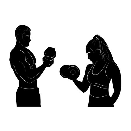 Silhouette. Woman and man in training. Dumbbells. Fitness. Logo. Sport. GYM. Bodybuildingのイラスト素材