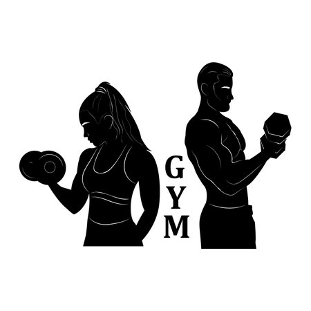 Fitness. Dumbbells. Silhouette. Woman and man in training. Logo. Sport. GYM. Bodybuildingのイラスト素材