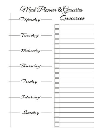 Meal planning and grocery list. Weekly menu planner. Breakfast, lunch, dinner and snacksのイラスト素材