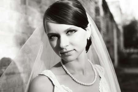 Black-white portrait of beautiful young brideの写真素材