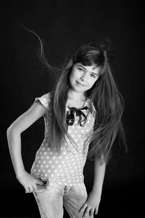 Black-white portrait of beautiful girl with long hairの写真素材