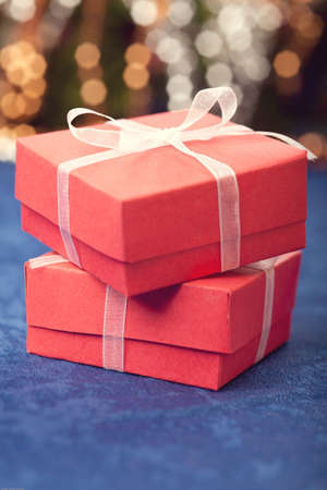 Gift boxes bokeh backgroundの写真素材
