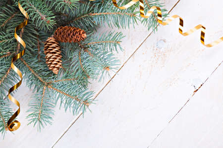 Fir branch with cones on white wooden backgroundの写真素材