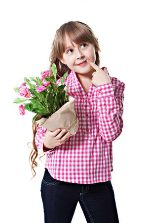 Cute girl hold pink flowers の写真素材