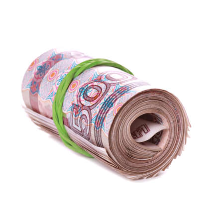 Roll of russian money isolated on white background
