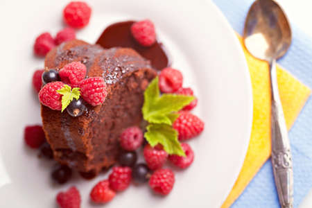 beautiful chocolate cake with fresh berry and chocolate glazeの写真素材