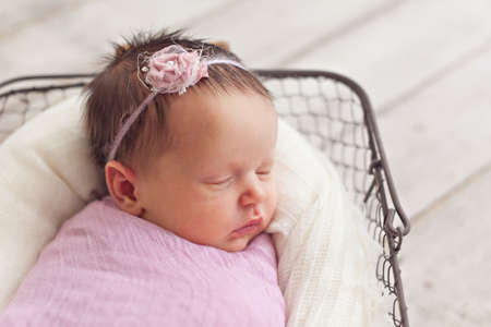 Newborn baby girl posing in basketの写真素材