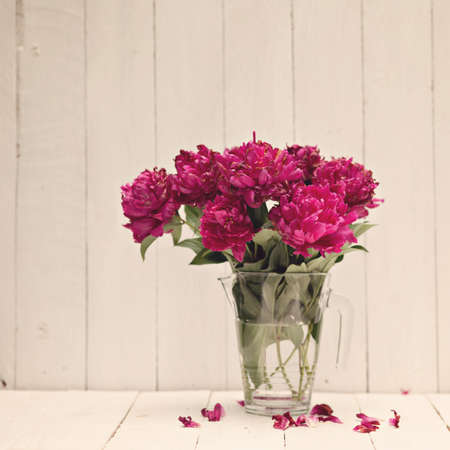 Old peony bouquet in vase on white wooden backgroundの写真素材