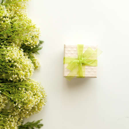 Small gift box with green bow on white background. Top view. Fresh plantの写真素材