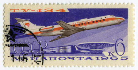 USSR - CIRCA 1965: Postage stamps printed in USSR shows  Soviet aircraft Tupolev Tu-134, circa 1965の写真素材