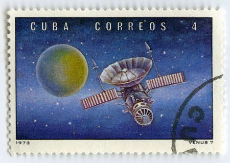 CUBA - CIRCA 1973  A stamp printed in Cuba, shows Soviet space station の写真素材