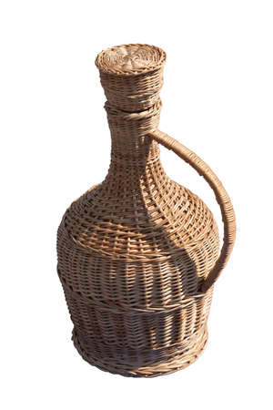 Interwoven glass bottle for wine or vegetable oil isolated on the white background