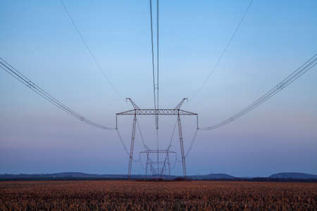 Electricity towers, lines against the morning sky の写真素材