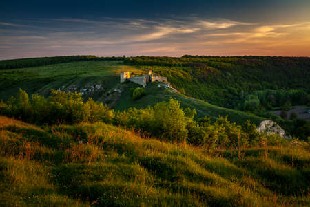 The ruins of an ancient castle with a dramatic sky