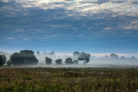 Morning fog spreads beautifully on the groundの写真素材