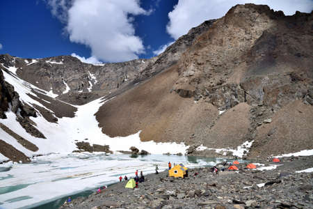Climbers camp on the Aktru glacier in the Altai mountains.