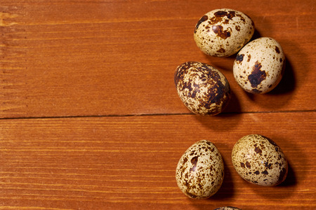 Quail eggs on  brown wooden background. Selective focusの写真素材