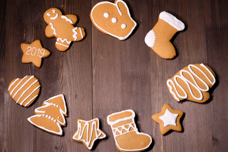 almond cookies  on brown background. Close up.の写真素材