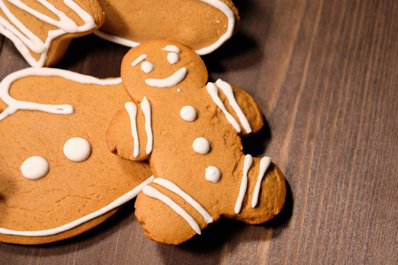 almond cookies and marshmallows in the iron cup on brown background with Christmas tree . Close upの写真素材