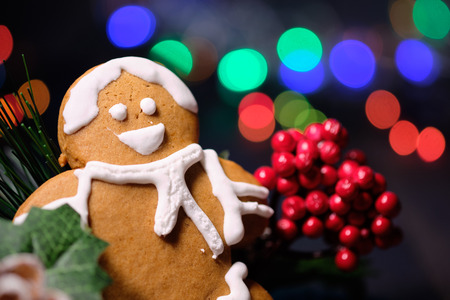 almond cookies and marshmallow on brown background with Christmas tree ,  candles and christmas lights. Close upの写真素材