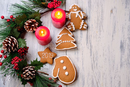 almond cookies and marshmallow on white background with Christmas tree. Close upの写真素材