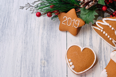 ginger biscuit on white background with Christmas tree. Close upの写真素材