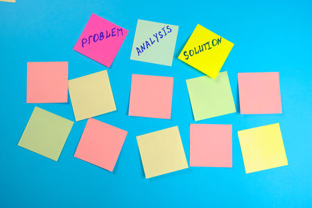 Mock-up many colored  office stickers on a blue background and  three separately with problem,...