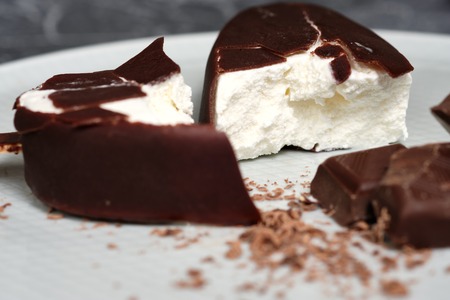 Chocolate butter ice cream on the white plate with chocolate chip . Grey backgroundの写真素材