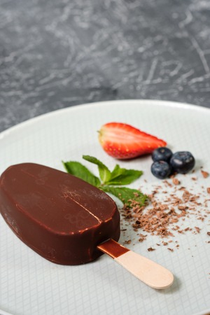 chocolate butter ice cream on the white plate with fresh summer berries, strawberries, blueberries Grey backgroundの写真素材