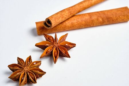 Badian and cinnamon on a white background, space for textの写真素材