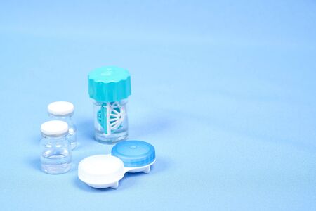 Contact lens case. Close-up of the contact lens disinfection container with cleaning solution.の写真素材